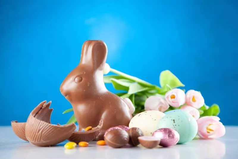 Chocolate bunny among various Easter treats