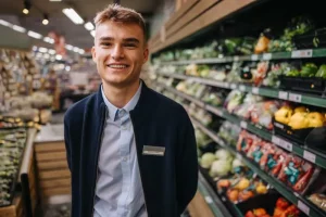 Young shopping assistant standing by fresh produce